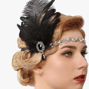 HEADBAND GENBREE- 1920s Flapper Headband Black Feather Headpiece Rhinestone Gatsby Hair Band Cocktail Head Accessories