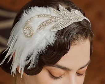 HEADBAND - 1920s Flapper Roaring 20s Headpiece, Crystal Feather Headpiece, Art Deco Headwear in Three Colors