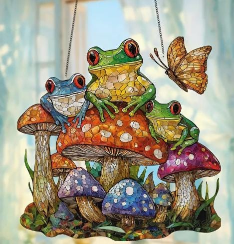 SUNCATCHER- Frog Mushroom Garden Suncatcher, Acrylic Window Hanging, Art Decorative Plaque (8.3" x8.3"), Ideal Gift