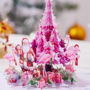 POP-UPKAART-roze kerstboom en flamingo-pop-upkaart - warme wens flamingo-pop-upkaart - vrolijk kerstfeest-wenskaart