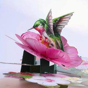 CARTÃO POPUP - Beija-flor e flor lindos para todas as ocasiões, cores lindas, com envelope 8x6"