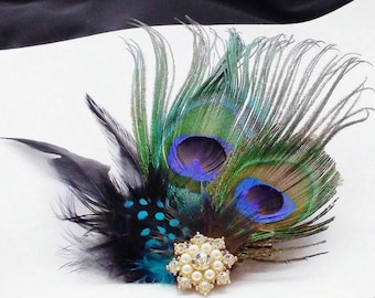 HEADWEAR-Peacock Feather, Floral Hair Clip, Bridal Headpiece for Wedding Party, Evening