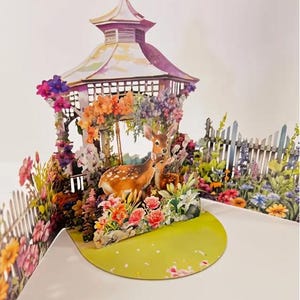 CARTÃO POP-UP - Cartão de felicitações pop-up com veados para jardim de primavera - Design floral vibrante com veados e gazebo, presente ideal