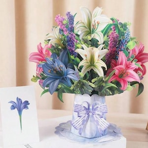 POPUP CARD-Lily Bouquet Card -10 Inch Forever Bouquet, 3D Popup Greeting Card, Birthday, Gift Card, Mother&#39;s Day, Note Card and Envelope