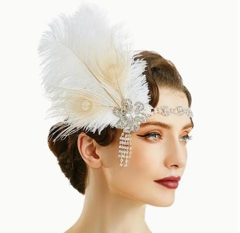 HEADBAND BABEYOND -1920s Flapper Headband with Faux Feathers & Rhinestones - Vintage Style Hair Accessory Parties, and Themed Events