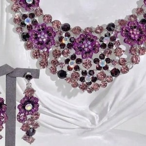 JEWELRY SET- Rhinestone Inlaid, Purple Luxury Elegant Jewelry Set - Earrings and Necklace