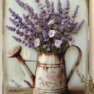 METAL ART- Lavender Purple Flowers in Rustic Watering Can, 7.87x11.81 Inch Rustic Home Office Bar Outdoor Decoration