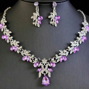 JEWELRY SET- Purple Rhinestone Necklace and Earrings, Suitable For Brides, Wedding, Banquet And Party Wear