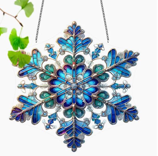 SUNCATCHER- Gorgeous Snowflake Sun Catcher 8"x8" - Acrylic Stained Glass Window Hanging, Perfect for Indoor & Outdoor Decor