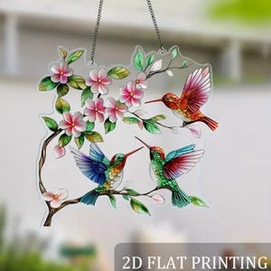 SUNCATCHER- Hummingbirds with Cherry Blossoms Suncatcher, Window Hanging, (10.6&quot;X 11&quot;) Ideal Gift