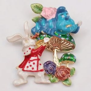 BROOCH-Elegant Enamel Brooch with Cute Rabbit, Caterpillar, and Mushroom Design