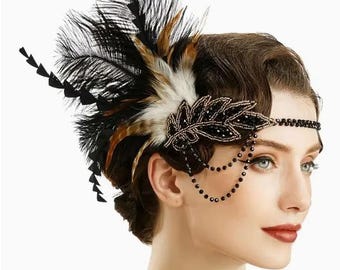 HEADBAND BABEYOND,  1920s Headpiece Flapper Headband - Roaring 20&#39;S Sequined Showgirl Hair Band Black With Feather