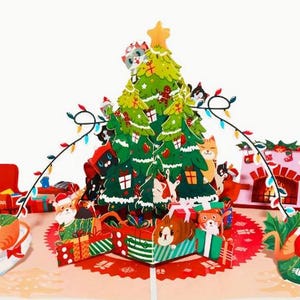 TARJETA EMERGENTE - Tarjeta navideña 3D con maullidos y sobre - Diseño festivo de gato - Tarjeta de felicitación, regalo ideal para familiares y amigos