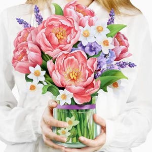 TARJETA EMERGENTE - Ramo de peonías rosas - 30 cm - Flores eternas con nota y sobre, ideal para cumpleaños, aniversarios y San Valentín