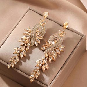 EARRINGS- Champagne Rhinestone Fabulous Drop Earrings Stainless Steel Drop 3.9&quot;