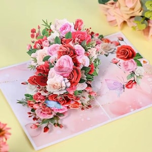 TARJETA EMERGENTE - Rosa Feliz Día de San Valentín, Día de la Madre, Cumpleaños, Pascua, Tarjeta de felicitación para toda ocasión con tarjeta de nota y sobre