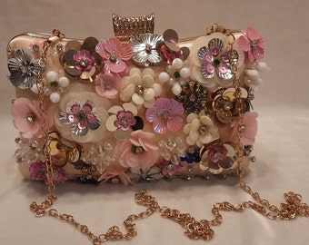 HB002-Beaded Floral Clutch Bag Beige,  For Evening, Wedding, Bridesmaid, Prom