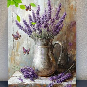 METAL ART- Lavender Purple Flowers & Butterflies in Silvery Pitcher, 7.87x11.81 Inch Rustic Home Office Bar Outdoor Decoration