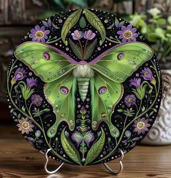 METAL ART-Luna Moth Wreath Retro Metal Art, 8x8 Inch Round Wall Decor