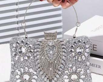 EVENING BAG-Silver w/Silver Jewels Rhinestones Clutch Bag Gold Handle