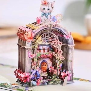 POPUP CARD-Floral Cat Garden - Perfect Birthday, Anniversary, Mother's Day, Valentine's Day, For Cat Lovers & Special Occasions 7x5