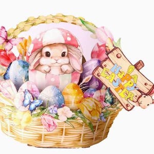 POPUP CARD - Carte de joyeuses Pâques avec panier pop-up fait main avec lapin coloré, tulipes et papillons - Enveloppe incluse