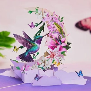 CARTÃO POP-UP - Cartão de felicitações, beija-flor floral, lírio roxo e design de borboleta, aniversário, dia das mães