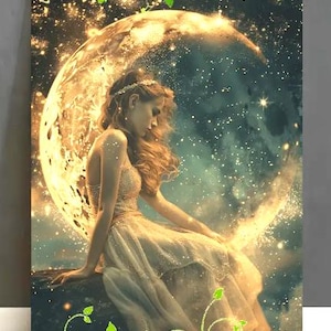 WALL DECOR-Canvas Wrapped Wooden Framed Digital Print Art, Girl Sitting on Crescent Moon, Starry Night, Celestial Theme, Dreamy Scene 12x18