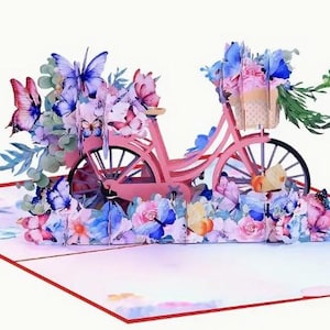 CARTÃO POPUP - Cartão de felicitações de bicicleta com envelopes e notas, encantadora flor de borboleta pop-up 3D - presente ideal
