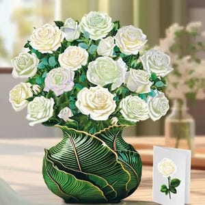 TARJETA POPUP - Tarjeta de felicitación con ramo de rosas blancas y sobre - Perfecta para San Valentín, Día de la Madre, aniversarios, cumpleaños y más
