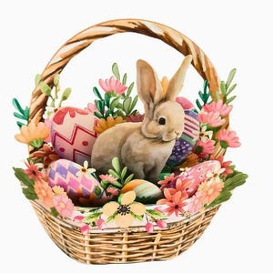 POPUP CARD - Carte de Joyeuses Pâques avec panier pop-up fait main avec lapin coloré, œufs et fleurs - Enveloppe incluse