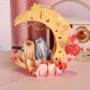 POPUP CARD - Biglietto d'auguri romantico con gatto 3D, gatti e luna, simpatico biglietto con gatto