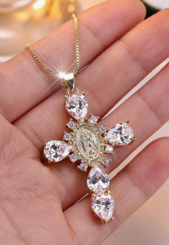 NECKLACE- Oval Virgin Mary Cubic Zirconia Cross Pendant