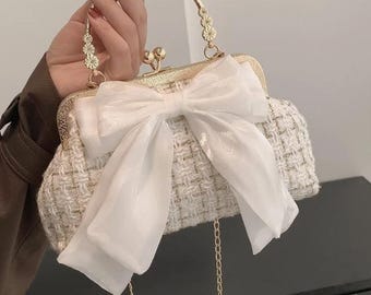 HANDBAG- Ivory Gold Plaid w/Bow, Chain for Optional Wear