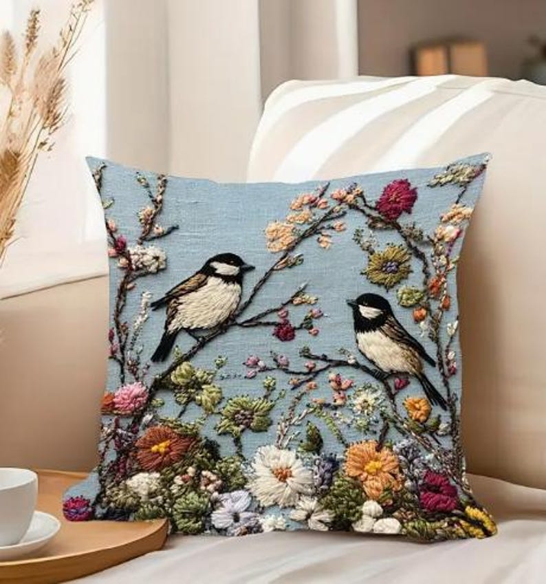 THROW PILLOW COVER-Birds & Floral Branches Pillow Cover, Printed 18x18 inches, Machine Washable, Zipper Closure, Polyester 100%