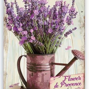 METAL ART- Lavender Purple Flowers in Rustic Watering Can, 7.87x11.81 Inch Rustic Home Office Bar Outdoor Decoration