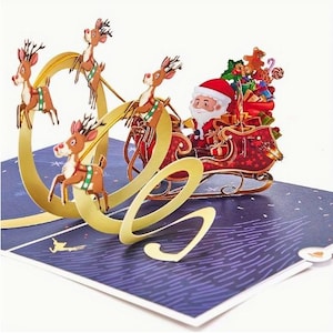 POPUP CARD-3D Carte de voeux pop-up Père Noël et traîneau de rennes - Carte de Noël festive