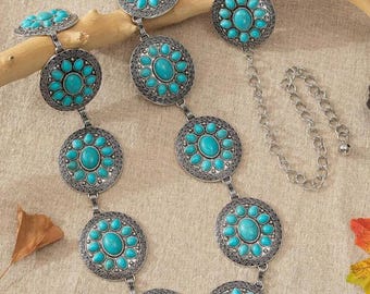 WESTERN CHAIN BELT-Turquoise Waist Chain/Belt 45.2&quot; Total Length