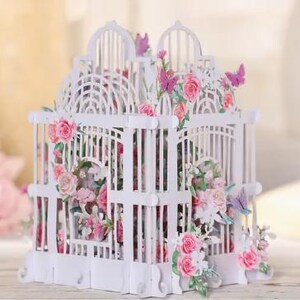CARTÃO POPUP - Cartão de felicitações em forma de gaiola de pássaros com flores pop-up 3D - Design floral feito em papel, versátil para aniversários e todas as ocasiões