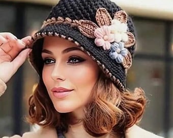 HEADWEAR- Crochet Hat w/Floral and Leaf Appliques & Faux Pearl Accents, SIX Colors Available, Lined