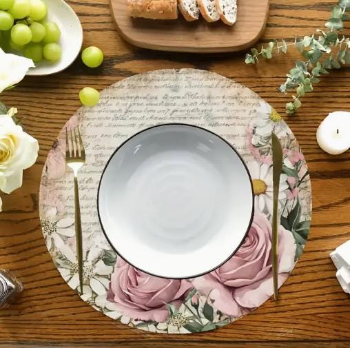 Set Mit 4 Runden Oster-Tischsets – Karo-Rosen-Muster, 35,6 Cm Durchmesser Aus Polyester | Festliche Platzdeckchen Für Küche & Esstisch