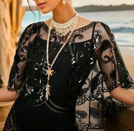 FLAPPER SEQUIN SHAWL-1920s Sequin Shawl with Embr… - image 1