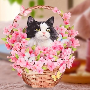 POPUP-KARTE-Bezaubernde 3D-Pop-Up-Tuxedo-Kitty im Blumenkorb-Ornament mit Umschlag, für alle Anlässe