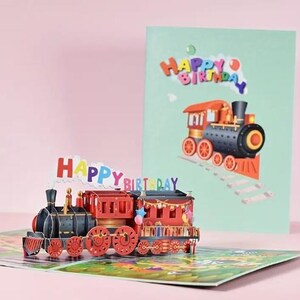 TARJETA POPUP - Tarjeta de cumpleaños, Tarjeta de felicitación 3D con tren, Tarjeta de felicitación con sobre y nota, Tarjeta de papel tallada a mano