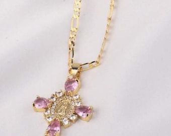 NECKLACE-Oval Virgin Mary Cubic Zirconia Cross Pendant Necklace, Copper with Large Link Fero Chain in 5 Colors