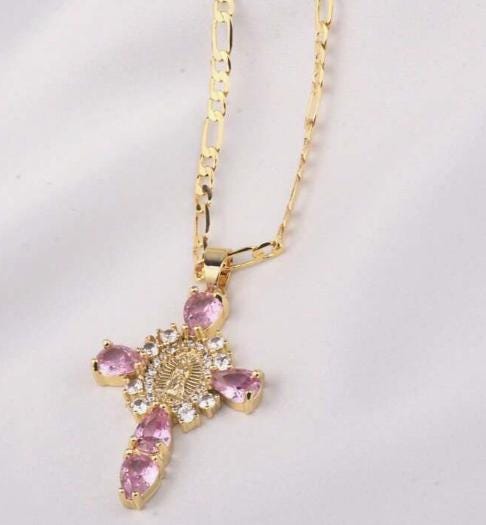 NECKLACE-Oval Virgin Mary Cubic Zirconia Cross Pendant Necklace, Copper with Large Link Fero Chain in 5 Colors