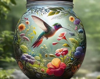 SUNCATCHER- Hummingbird In Mason Jar,  Multicolor Acrylic Window Decor, Flat Double-Sided 2D Image  6.6 x 7.8&quot;