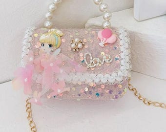GIRLS MINI BAG-Mini Glitter Bag, Mini Glitter Pink Bag Girls Fashion Faux Pearl Bag