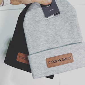 Custom Roman Numeral Date Leatherette Patch Beanie | Knit Winter Hat | Anniversary, Wedding, Favor, Bridal Shower