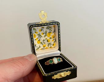 Beautiful Vintage Style Black Leatherette Ring Box with floral lining. Ideal for an engagement ring